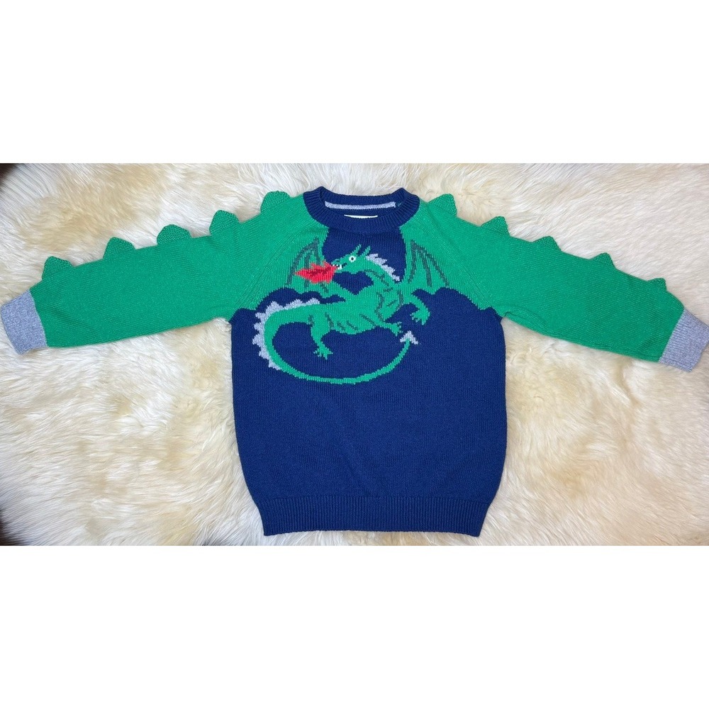Mini Boden Dragon Sweater 3-4Y Navy Green Spikes Knit Pullover Fantasy Whimsical - Picture 3 of 4